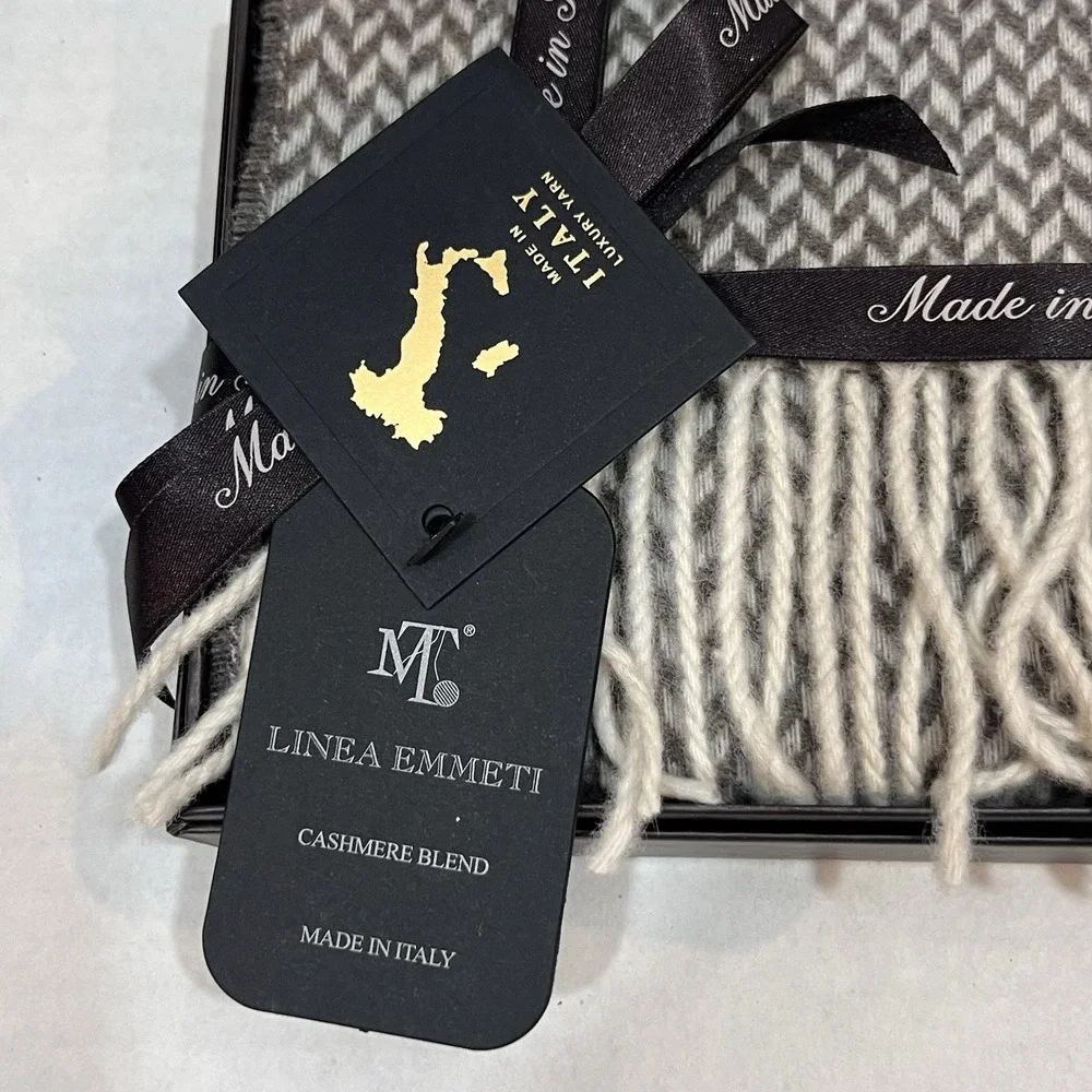 Linea Emmeti Scarf Green Herringbone Cashmere Wool Blend 12